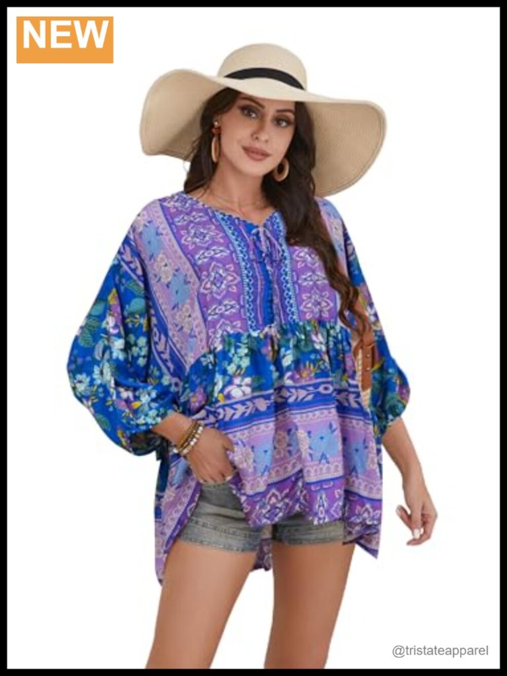 Women's Boho V-Neck Blouse 3/4 Sleeve Floral Peasant Top